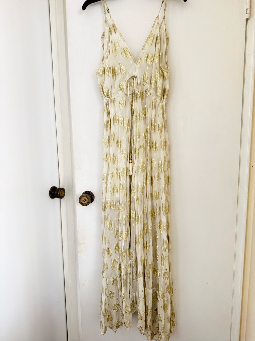 Sheer Cream Gold Floral Tie-Front Dress